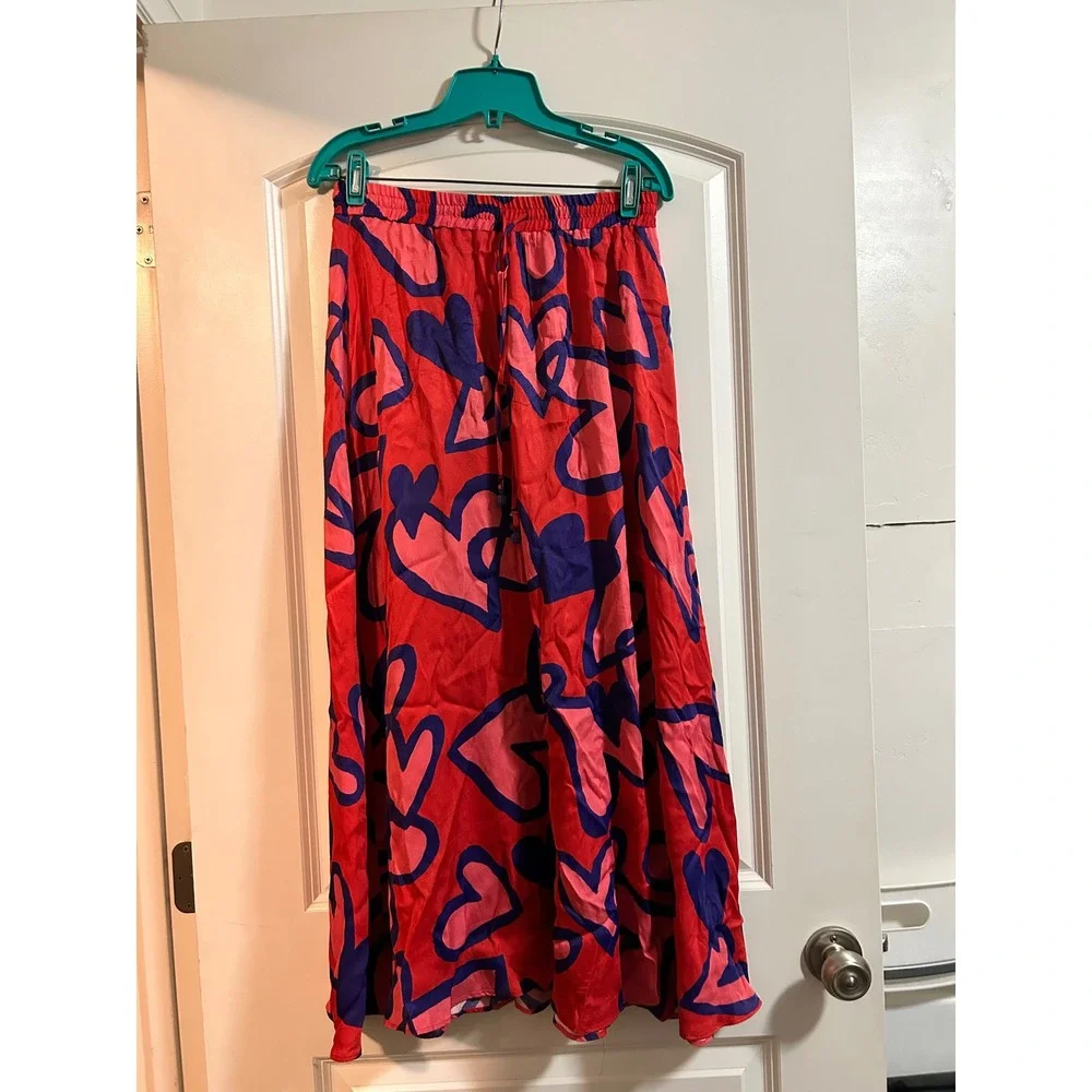 FARM Rio for Anthropologie Maxi Skirt Red Blue Pink Heart‎ Print Elastic Waist S